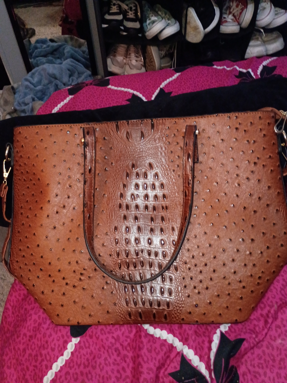 Source Unknown Tan Faux-Ostrich Tote with Stud Detailing